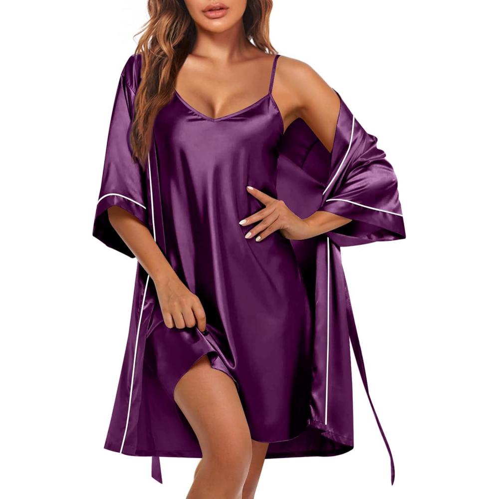 imageEkouaer Womens Silk Robe Set V Neck 2 Piece Satin Bathrobes 34 Sleeves Bridal Sleepwear Sexy Cami NightgownWineberry