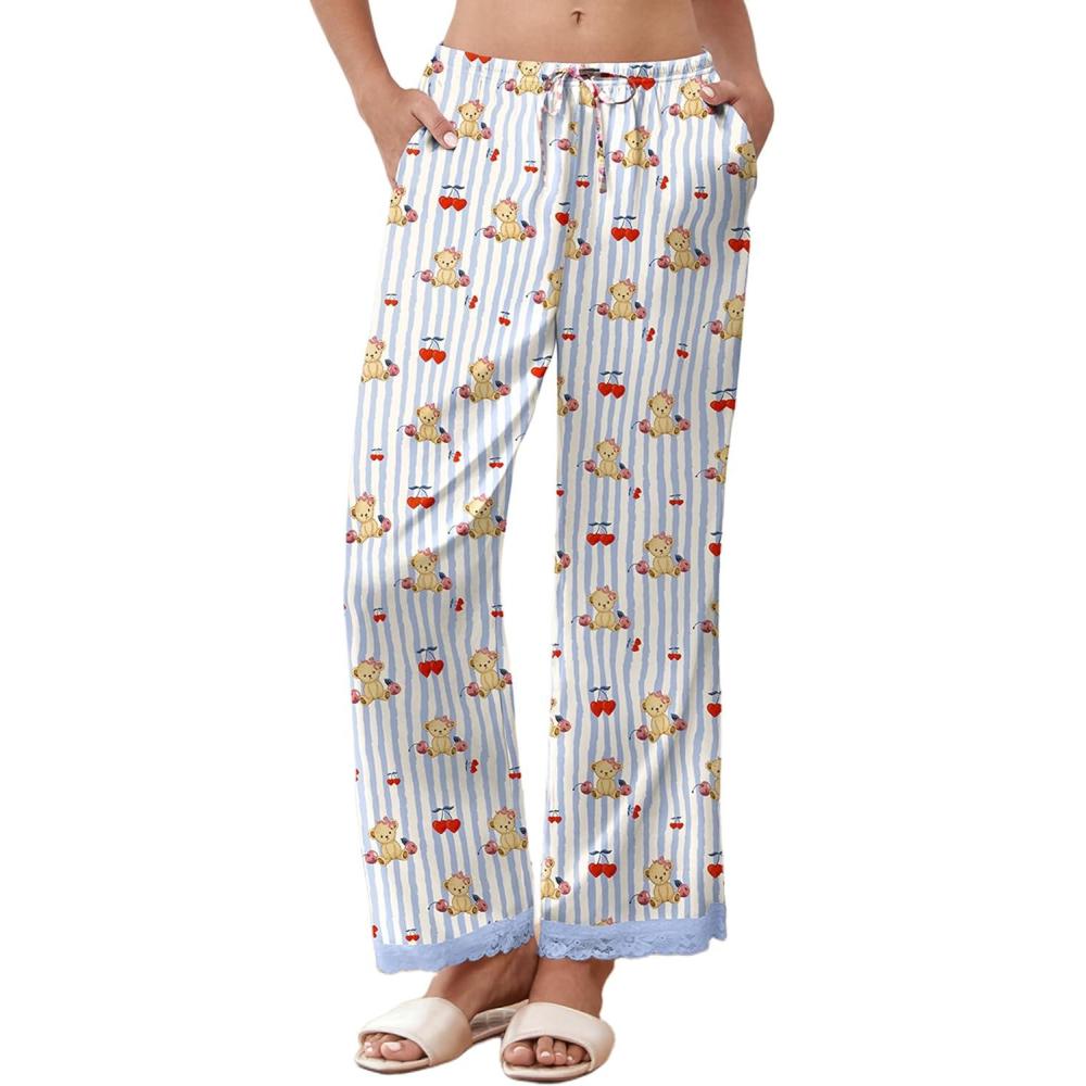 imageEkouaer Womens Silk Satin Pajama Pants Casual Comfy Sleep Pants Pocketed Elastic Waist Wide Leg Pj Bottoms with Lace TrimBlue Striped Teddy