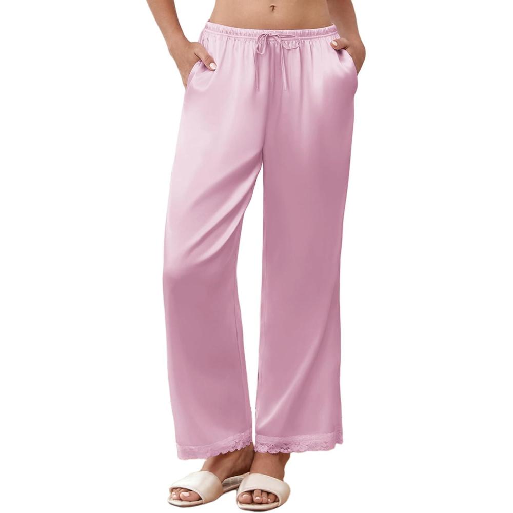 imageEkouaer Womens Silk Satin Pajama Pants Casual Comfy Sleep Pants Pocketed Elastic Waist Wide Leg Pj Bottoms with Lace TrimPink