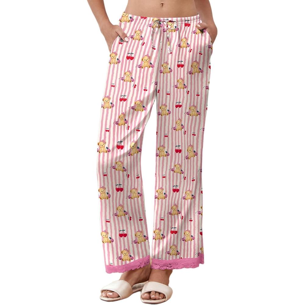 imageEkouaer Womens Silk Satin Pajama Pants Casual Comfy Sleep Pants Pocketed Elastic Waist Wide Leg Pj Bottoms with Lace TrimRed Striped Teddy