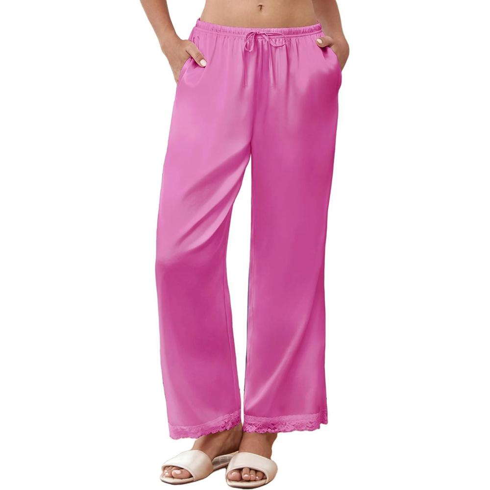 imageEkouaer Womens Silk Satin Pajama Pants Casual Comfy Sleep Pants Pocketed Elastic Waist Wide Leg Pj Bottoms with Lace TrimRose Red