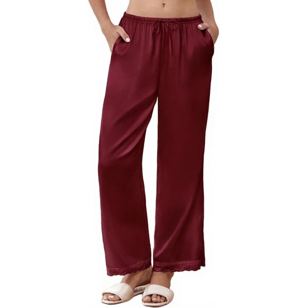imageEkouaer Womens Silk Satin Pajama Pants Casual Comfy Sleep Pants Pocketed Elastic Waist Wide Leg Pj Bottoms with Lace TrimWine Red
