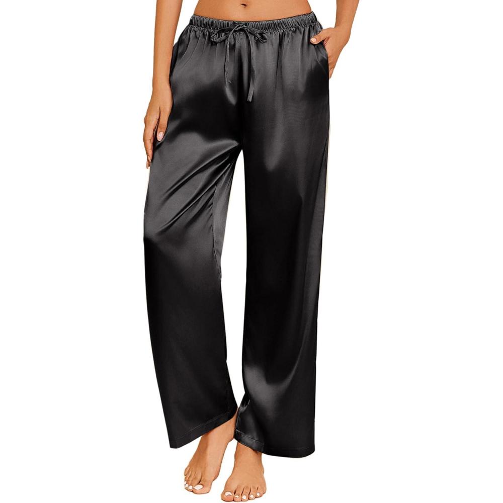 imageEkouaer Womens Silk Satin Pajama Pants Casual Loose Lounge Pants Drawstring Elastic Waist Wide Leg Pj Bottoms with PocketsBlack