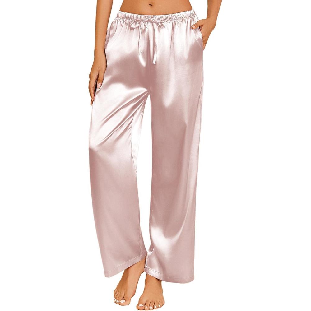 imageEkouaer Womens Silk Satin Pajama Pants Casual Loose Lounge Pants Drawstring Elastic Waist Wide Leg Pj Bottoms with PocketsChampagne