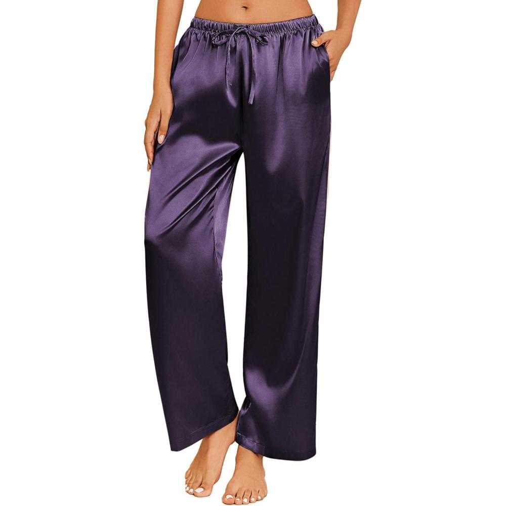 imageEkouaer Womens Silk Satin Pajama Pants Casual Loose Lounge Pants Drawstring Elastic Waist Wide Leg Pj Bottoms with PocketsDark Purple