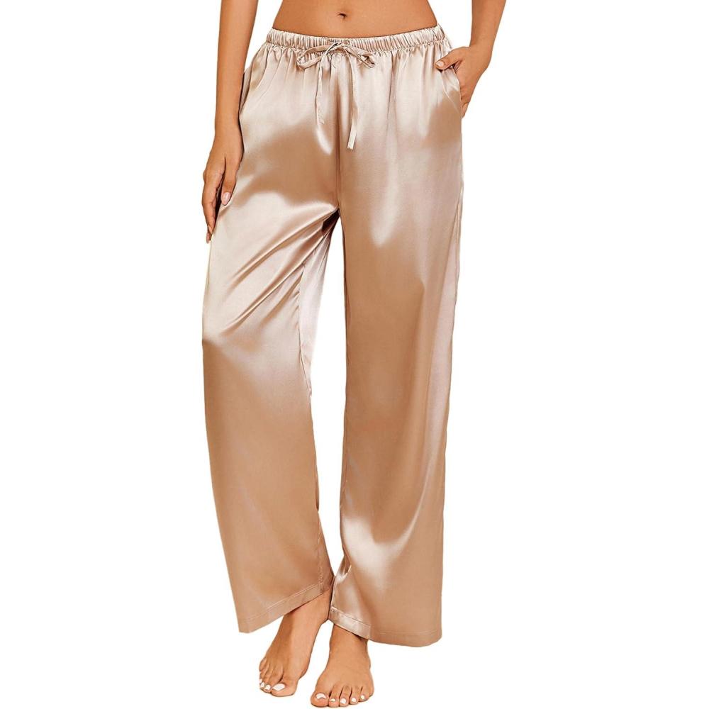 imageEkouaer Womens Silk Satin Pajama Pants Casual Loose Lounge Pants Drawstring Elastic Waist Wide Leg Pj Bottoms with PocketsKhaki