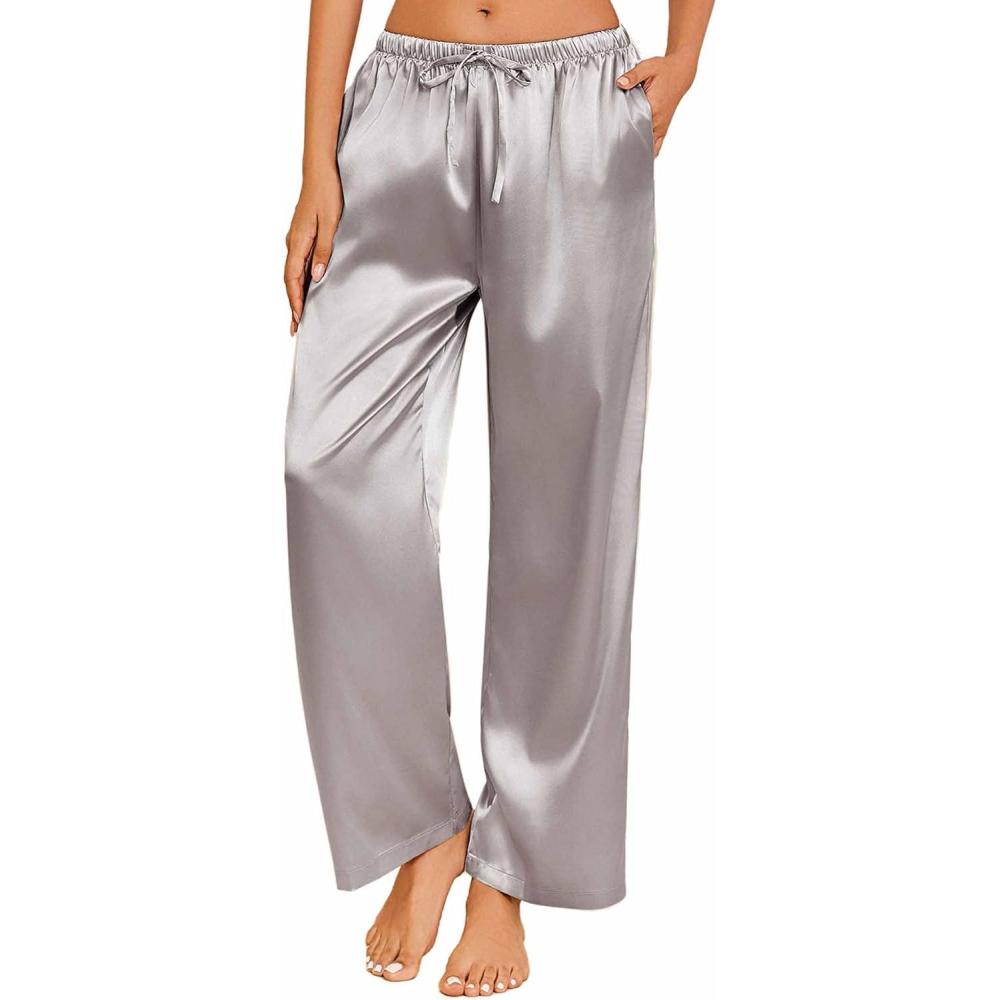 imageEkouaer Womens Silk Satin Pajama Pants Casual Loose Lounge Pants Drawstring Elastic Waist Wide Leg Pj Bottoms with PocketsLight Gray