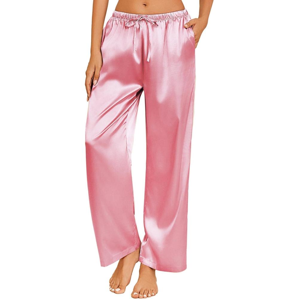 imageEkouaer Womens Silk Satin Pajama Pants Casual Loose Lounge Pants Drawstring Elastic Waist Wide Leg Pj Bottoms with PocketsPink