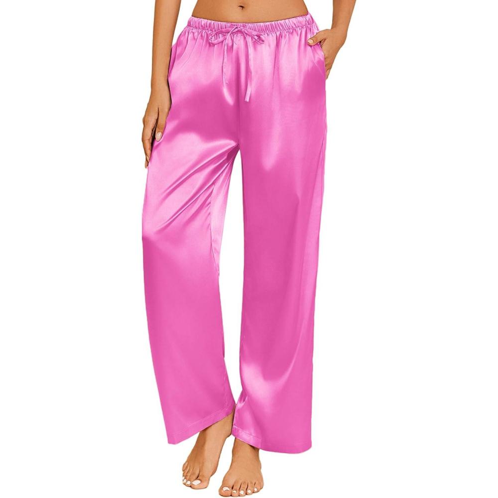 imageEkouaer Womens Silk Satin Pajama Pants Casual Loose Lounge Pants Drawstring Elastic Waist Wide Leg Pj Bottoms with PocketsRose
