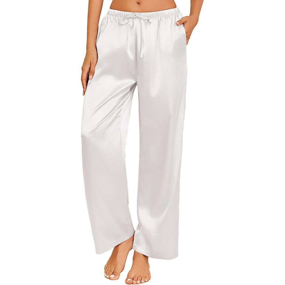 imageEkouaer Womens Silk Satin Pajama Pants Casual Loose Lounge Pants Drawstring Elastic Waist Wide Leg Pj Bottoms with PocketsWhite