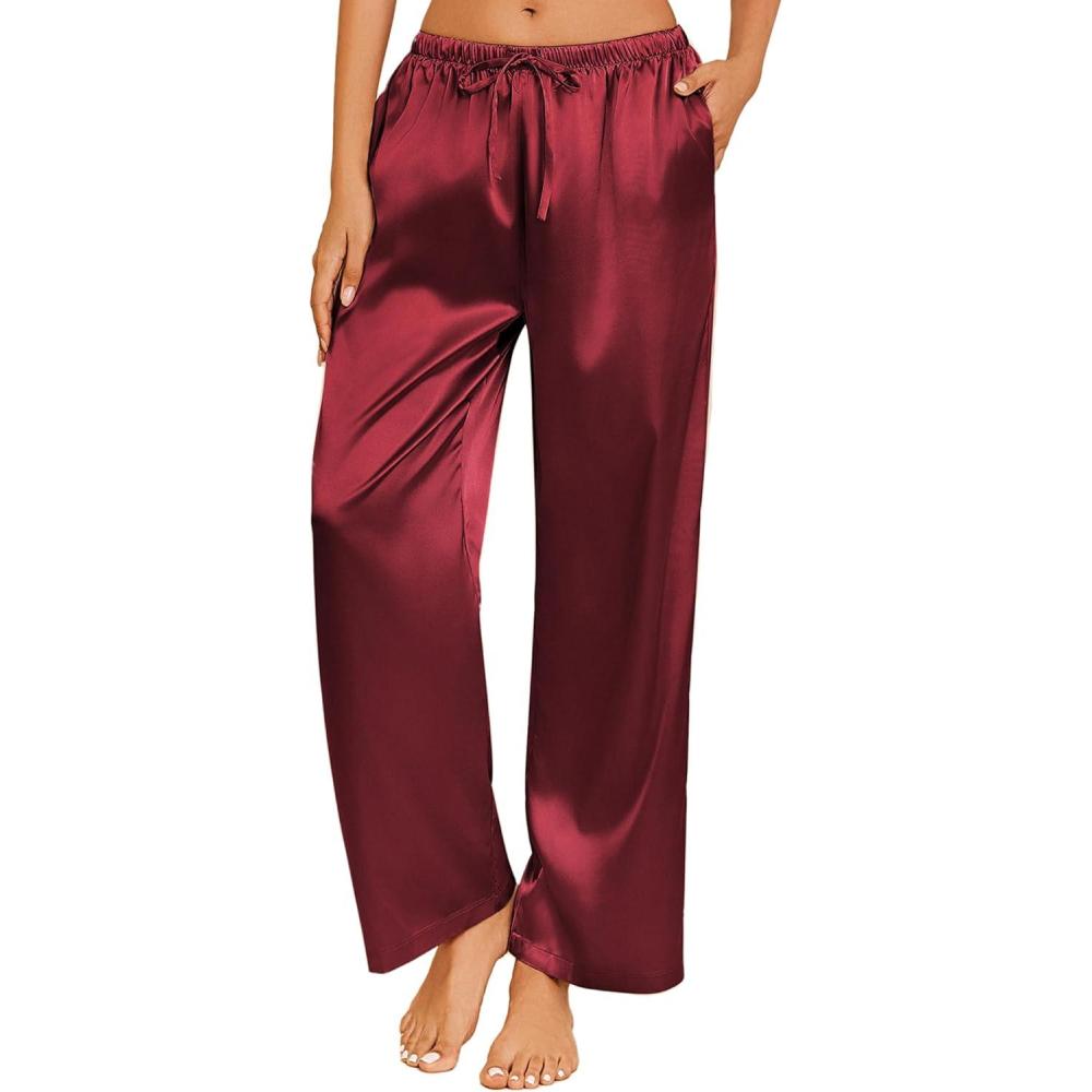 imageEkouaer Womens Silk Satin Pajama Pants Casual Loose Lounge Pants Drawstring Elastic Waist Wide Leg Pj Bottoms with PocketsWine Red