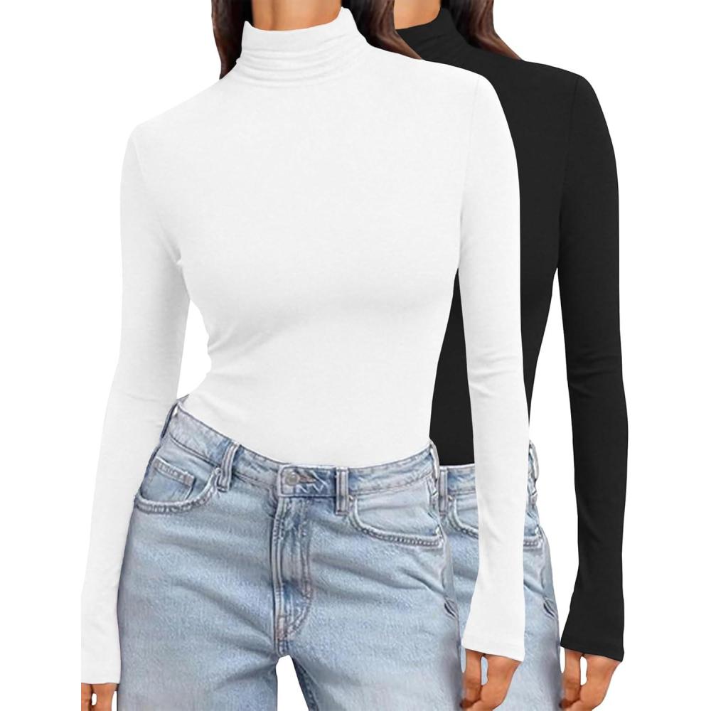 imageEkouaer Womens Turtleneck Long Sleeve Shirts Slim Fit Thermal Underwear Tops Lightweight Pullover TeesBlackWhite
