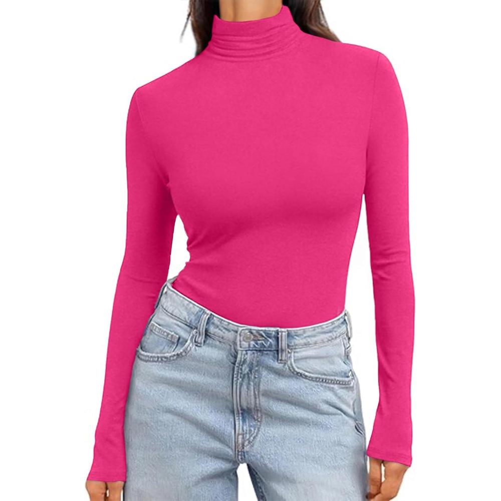 imageEkouaer Womens Turtleneck Long Sleeve Shirts Slim Fit Thermal Underwear Tops Lightweight Pullover TeesHot Pink