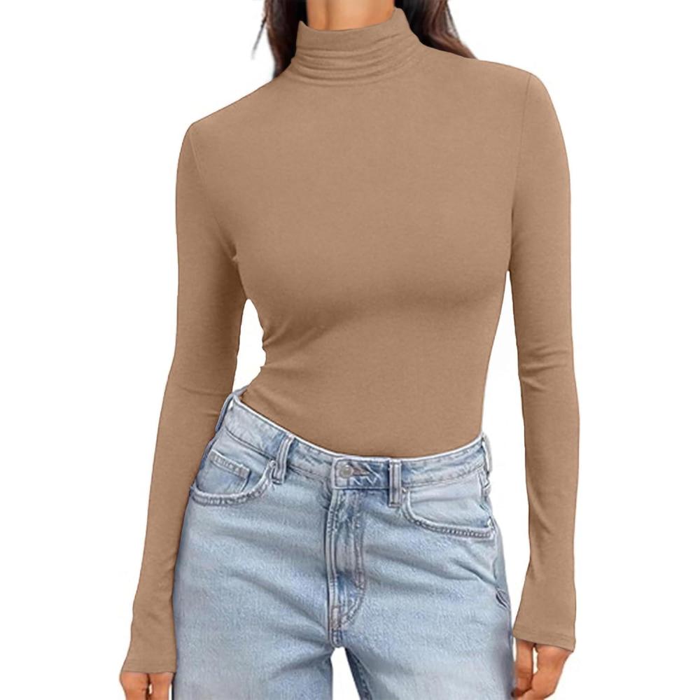 imageEkouaer Womens Turtleneck Long Sleeve Shirts Slim Fit Thermal Underwear Tops Lightweight Pullover TeesKhaki