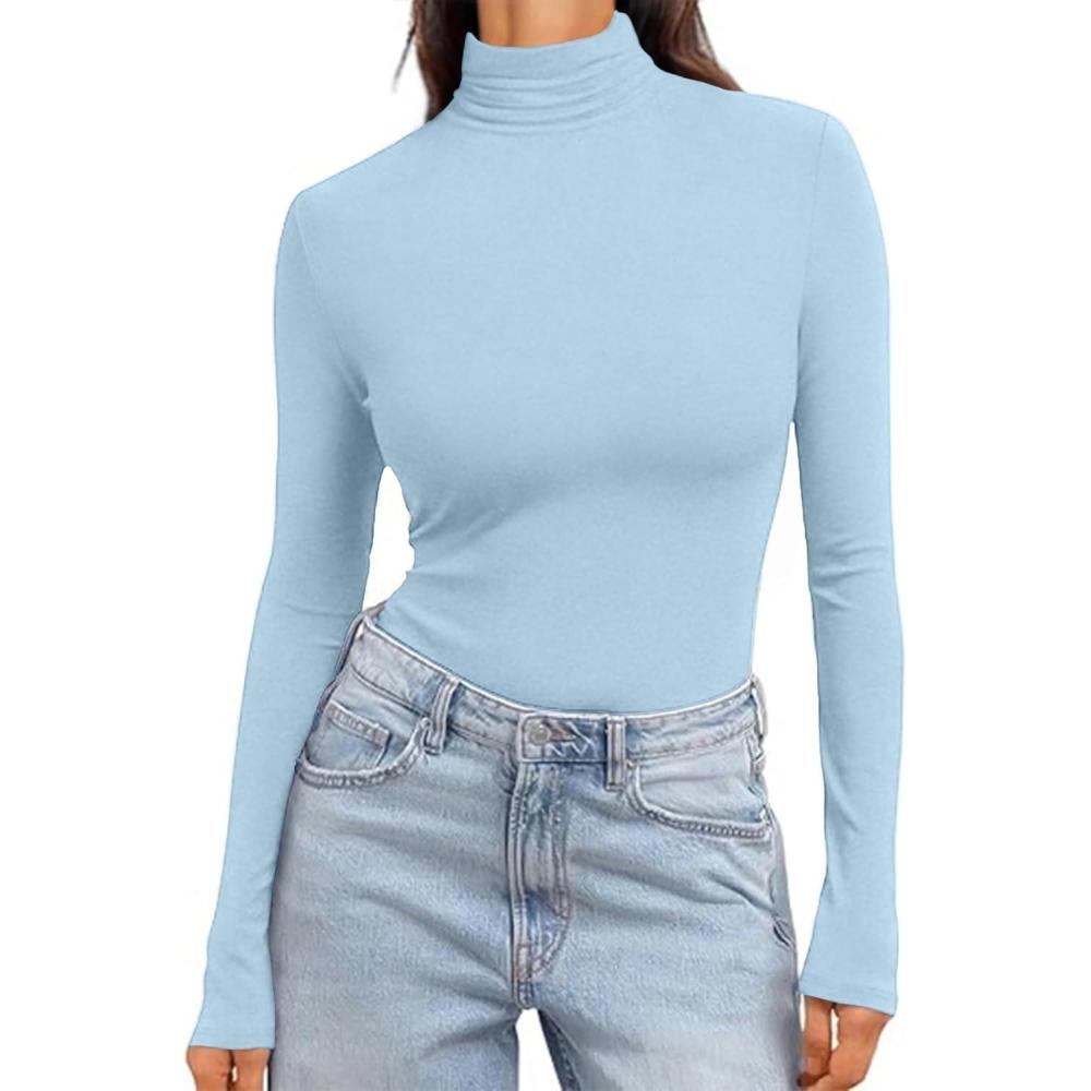 imageEkouaer Womens Turtleneck Long Sleeve Shirts Slim Fit Thermal Underwear Tops Lightweight Pullover TeesLight Blue