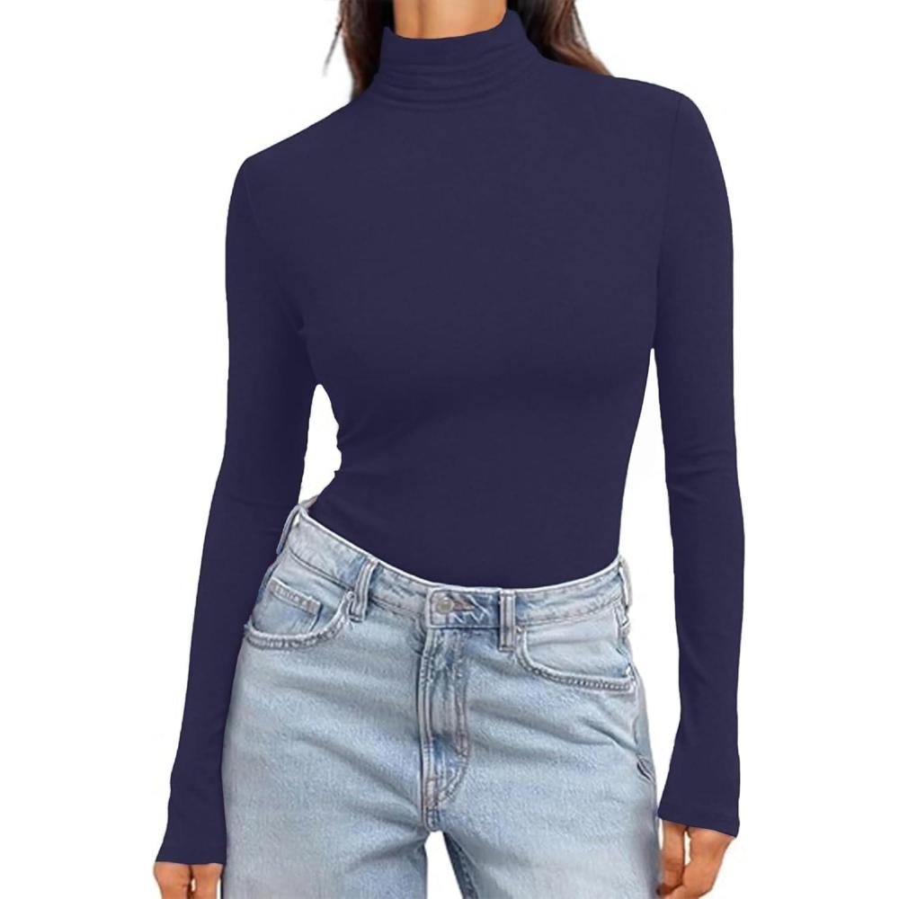 imageEkouaer Womens Turtleneck Long Sleeve Shirts Slim Fit Thermal Underwear Tops Lightweight Pullover TeesNavy Blue
