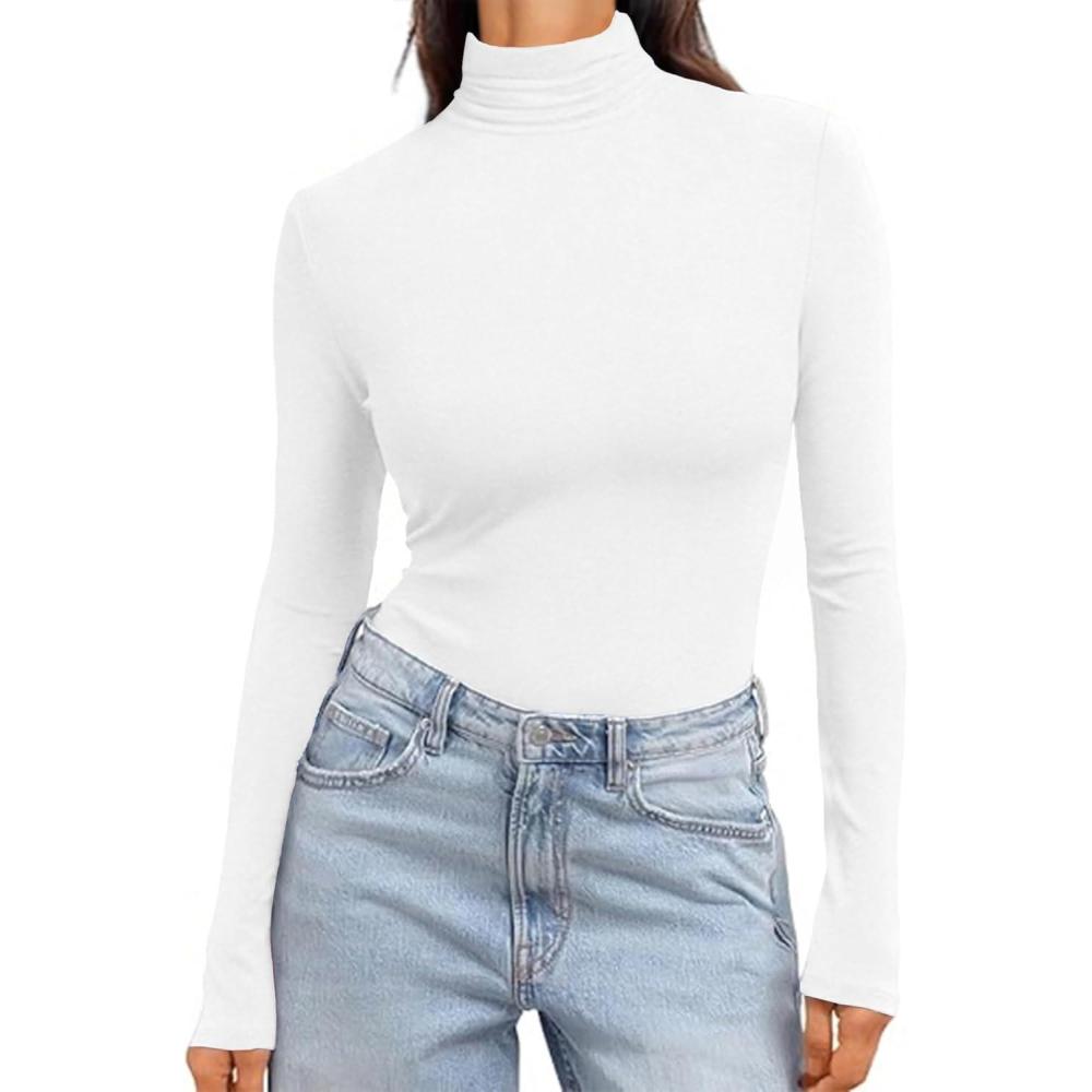 imageEkouaer Womens Turtleneck Long Sleeve Shirts Slim Fit Thermal Underwear Tops Lightweight Pullover TeesWhite
