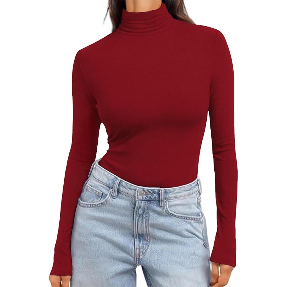 imageEkouaer Womens Turtleneck Long Sleeve Shirts Slim Fit Thermal Underwear Tops Lightweight Pullover TeesWine Red