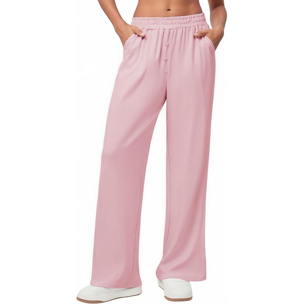 imageEkouaer Womens Wide Leg Pants for Women Elastic Waist Womens Casual Palazzo Pants Soft Comfy Pajama Pants with PocketsPink