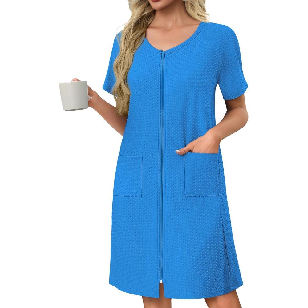 imageEkouaer Womens Zipper Robe Short Sleeves Swiss Dots Housecoat Zip Up Bathrobe Soft Nightgown with Pockets S3XLBlue