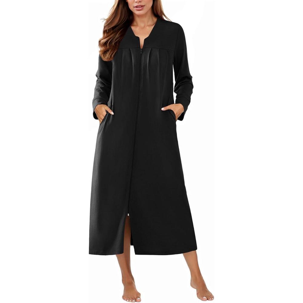 imageEkouaer Zipper Robes for Women Long Knit Bathrobes Lightweight Full Length Housecoat with Pockets Nightgown S3XLBlack
