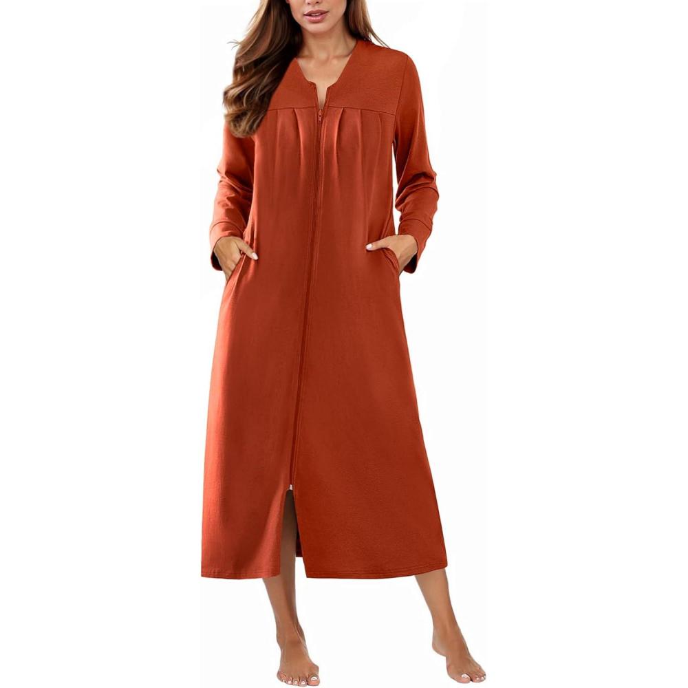 imageEkouaer Zipper Robes for Women Long Knit Bathrobes Lightweight Full Length Housecoat with Pockets Nightgown S3XLCaramel
