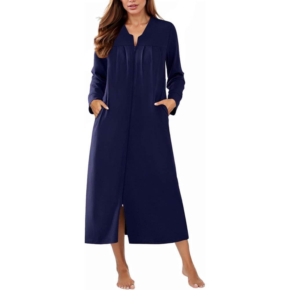 imageEkouaer Zipper Robes for Women Long Knit Bathrobes Lightweight Full Length Housecoat with Pockets Nightgown S3XLNavy Blue