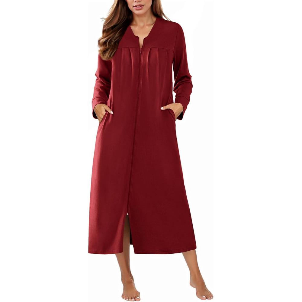 imageEkouaer Zipper Robes for Women Long Knit Bathrobes Lightweight Full Length Housecoat with Pockets Nightgown S3XLWine Red
