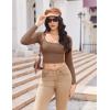 Ekouaer Womens Long Sleeve Square Neck Crop Top Ribbed Slim Fitted Going Out Y2K Tops Casual Basic Shirts Tee(Brown)