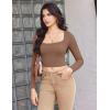 Ekouaer Womens Long Sleeve Square Neck Crop Top Ribbed Slim Fitted Going Out Y2K Tops Casual Basic Shirts Tee(Brown)