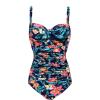 Ekouaer Women’s One Piece Swimsuit Ruched Tummy Control Bathing Suits Vintage Retro Push Up Swimwear(Green Flower Red)
