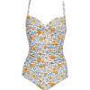 Ekouaer Women’s One Piece Swimsuit Ruched Tummy Control Bathing Suits Vintage Retro Push Up Swimwear(White Blue Leaves)