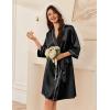 Ekouaer Women’s Silk Robe Set V Neck 2 Piece Satin Bathrobes 3/4 Sleeves Bridal Sleepwear Sexy Cami Nightgown(Black)