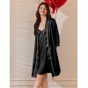 Ekouaer Women’s Silk Robe Set V Neck 2 Piece Satin Bathrobes 3/4 Sleeves Bridal Sleepwear Sexy Cami Nightgown(Black)