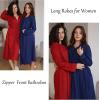 Ekouaer Zipper Robes for Women Long Knit Bathrobes Lightweight Full Length Housecoat with Pockets Nightgown S-3XL(Navy Blue)