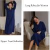 Ekouaer Zipper Robes for Women Long Knit Bathrobes Lightweight Full Length Housecoat with Pockets Nightgown S-3XL(Navy Blue)
