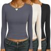 Ekouaer Womens 3 Pack Long Sleeve Shirts Ruched Side Fitted Undershirts Round Neck Underscrubs Thermal Tops XS-XXL(Beige/Grey/Black)