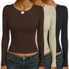 Ekouaer Womens 3 Pack Long Sleeve Shirts Ruched Side Fitted Undershirts Round Neck Underscrubs Thermal Tops XS-XXL(Black/Brown/Khaki)