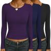 Ekouaer Womens 3 Pack Long Sleeve Shirts Ruched Side Fitted Undershirts Round Neck Underscrubs Thermal Tops XS-XXL(Black/Navy/Purple)