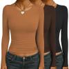 Ekouaer Womens 3 Pack Long Sleeve Shirts Ruched Side Fitted Undershirts Round Neck Underscrubs Thermal Tops XS-XXL(Brown/Caramel/Black)