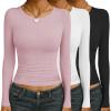 Ekouaer Womens 3 Pack Long Sleeve Shirts Ruched Side Fitted Undershirts Round Neck Underscrubs Thermal Tops XS-XXL(Pink/White/Black)
