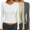 Ekouaer Womens 3 Pack Long Sleeve Shirts Ruched Side Fitted Undershirts Round Neck Underscrubs Thermal Tops XS-XXL(White/Khaki/Ash Grey)