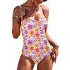 Ekouaer Women’s One Piece Swimsuit Ruched Tummy Control Bathing Suits Vintage Retro Push Up Swimwear(Flower Pink Purple)