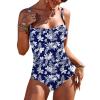 Ekouaer Women’s One Piece Swimsuit Ruched Tummy Control Bathing Suits Vintage Retro Push Up Swimwear(Navy White Leaves)