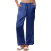 Ekouaer Womens Silk Satin Pajama Pants Casual Comfy Sleep Pants Pocketed Elastic Waist Wide Leg Pj Bottoms with Lace Trim(Navy Blue)