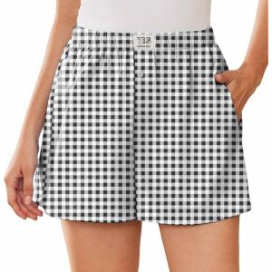 EKOUAER Womens Boxer Shorts Casual Lounge Summer Pants Y2K Beach Outfits with Pockets(Black White Plaid)