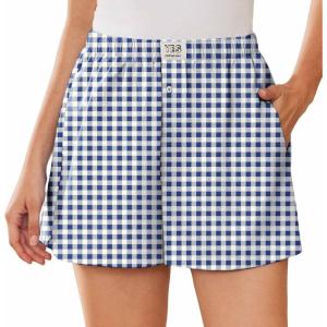 EKOUAER Womens Boxer Shorts Casual Lounge Summer Pants Y2K Beach Outfits with Pockets(Blue White Plaid)