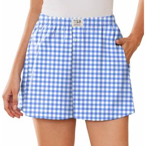 EKOUAER Womens Boxer Shorts Casual Lounge Summer Pants Y2K Beach Outfits with Pockets(Light Blue Plaid)