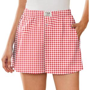 EKOUAER Womens Boxer Shorts Casual Lounge Summer Pants Y2K Beach Outfits with Pockets(Red White Plaid)