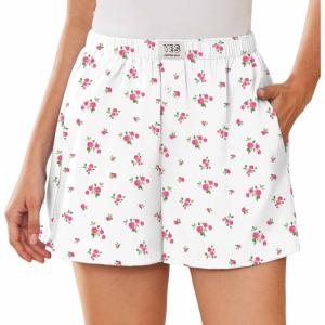 EKOUAER Womens Boxer Shorts Casual Lounge Summer Pants Y2K Beach Outfits with Pockets(White Pink Flower)